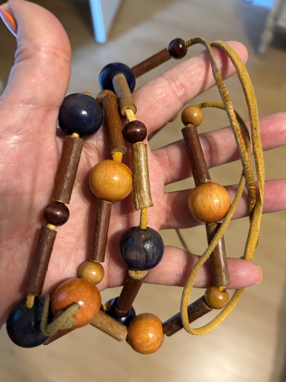 Wooden Bead Necklace set in Brown, Tan & Blue tribal vibes on suede cords